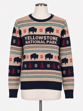 Yellowstone National Park Buffalo Fair Isle Sweater Women's Small Beige Navy